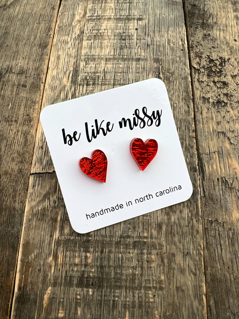 Red Shimmer Heart Stud Earrings